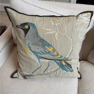 Pottery Barn scientific Bird pillow blue yellow embroidered w/ insert 20 x 20